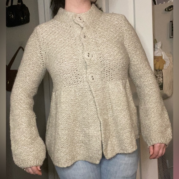 Downtown Girl Y2K Warm & Cozy Wool Blend Beige Chunky Knit Babydoll Cardigan - Picture 1 of 9